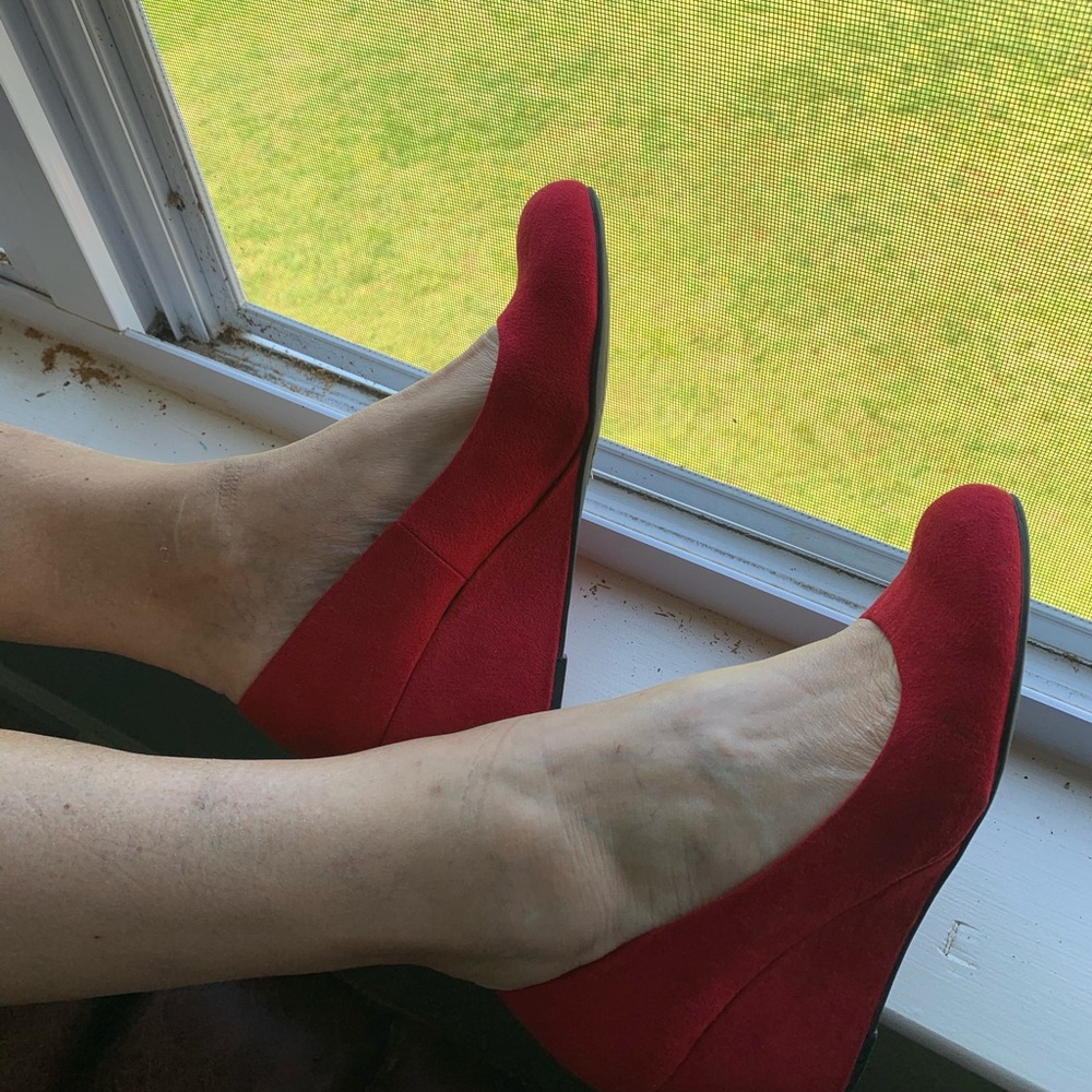 Red suede wedges —look very new!